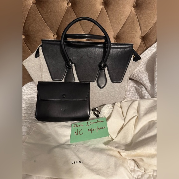 Celine Handbags - Celine Black/Cream Canvas and Leather Tie Tote